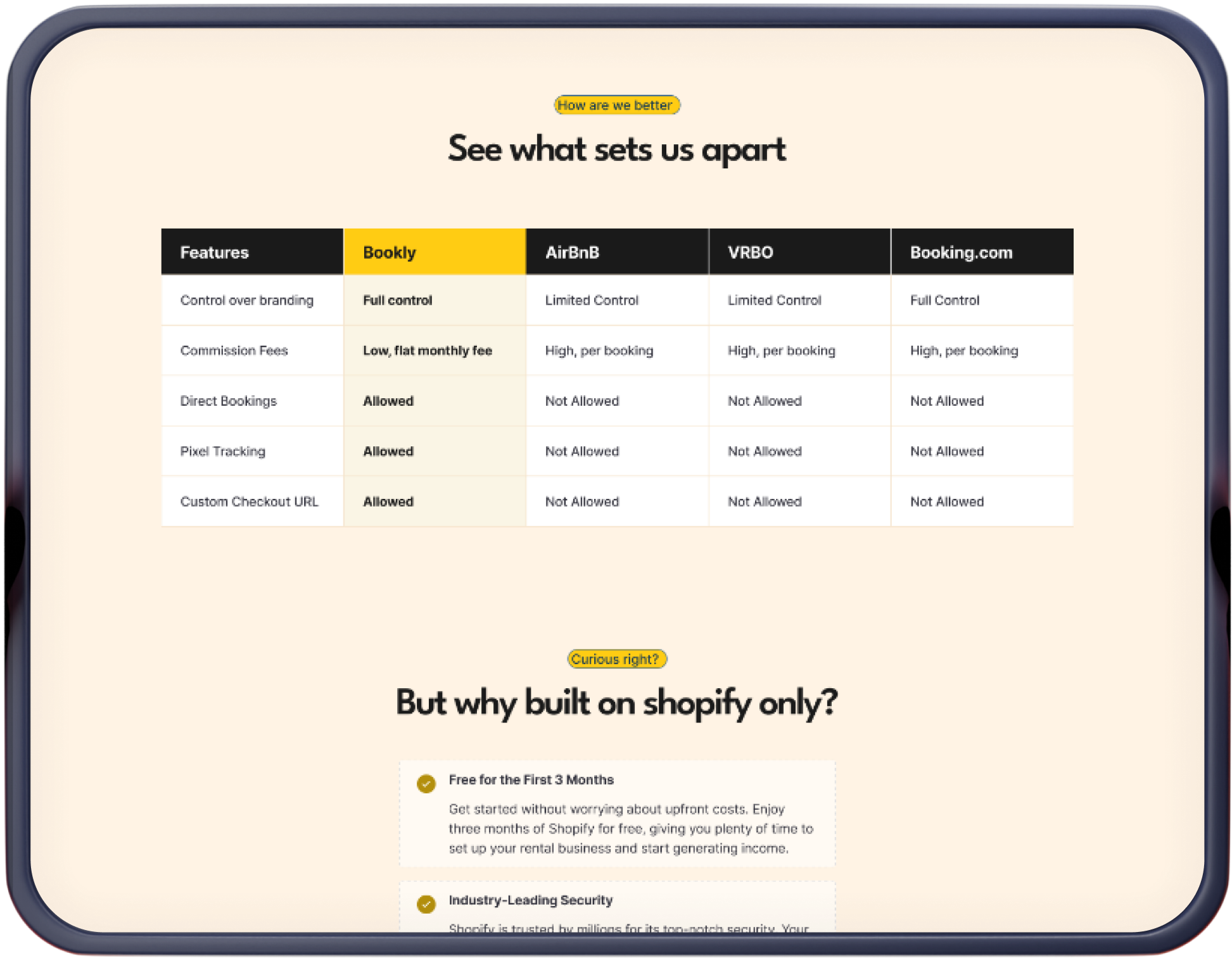 Bookly vs Airbnb, VRBO and Booking.com feature comparison table