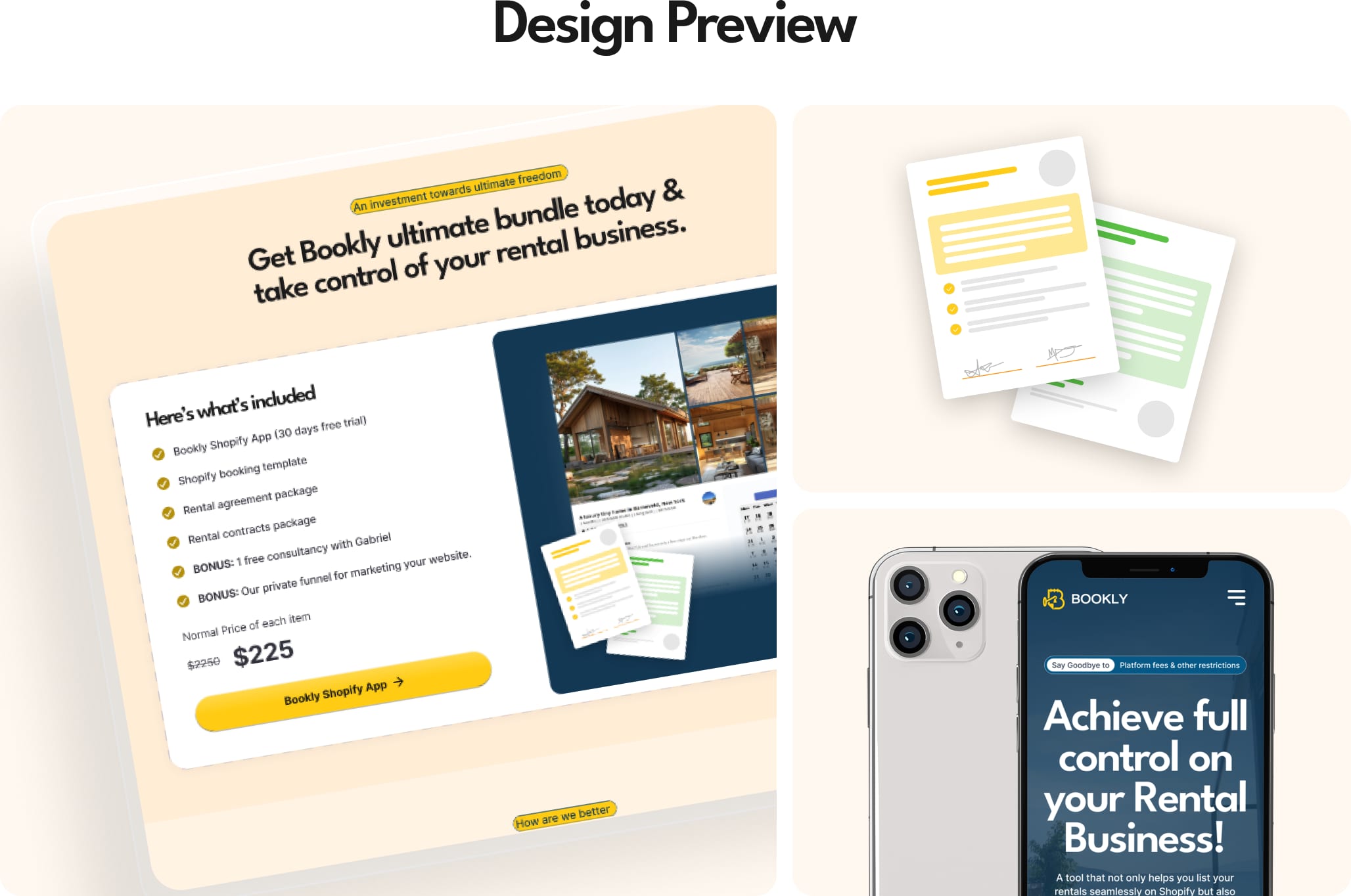Bookly design preview — pricing bundle, rental contracts and mobile hero