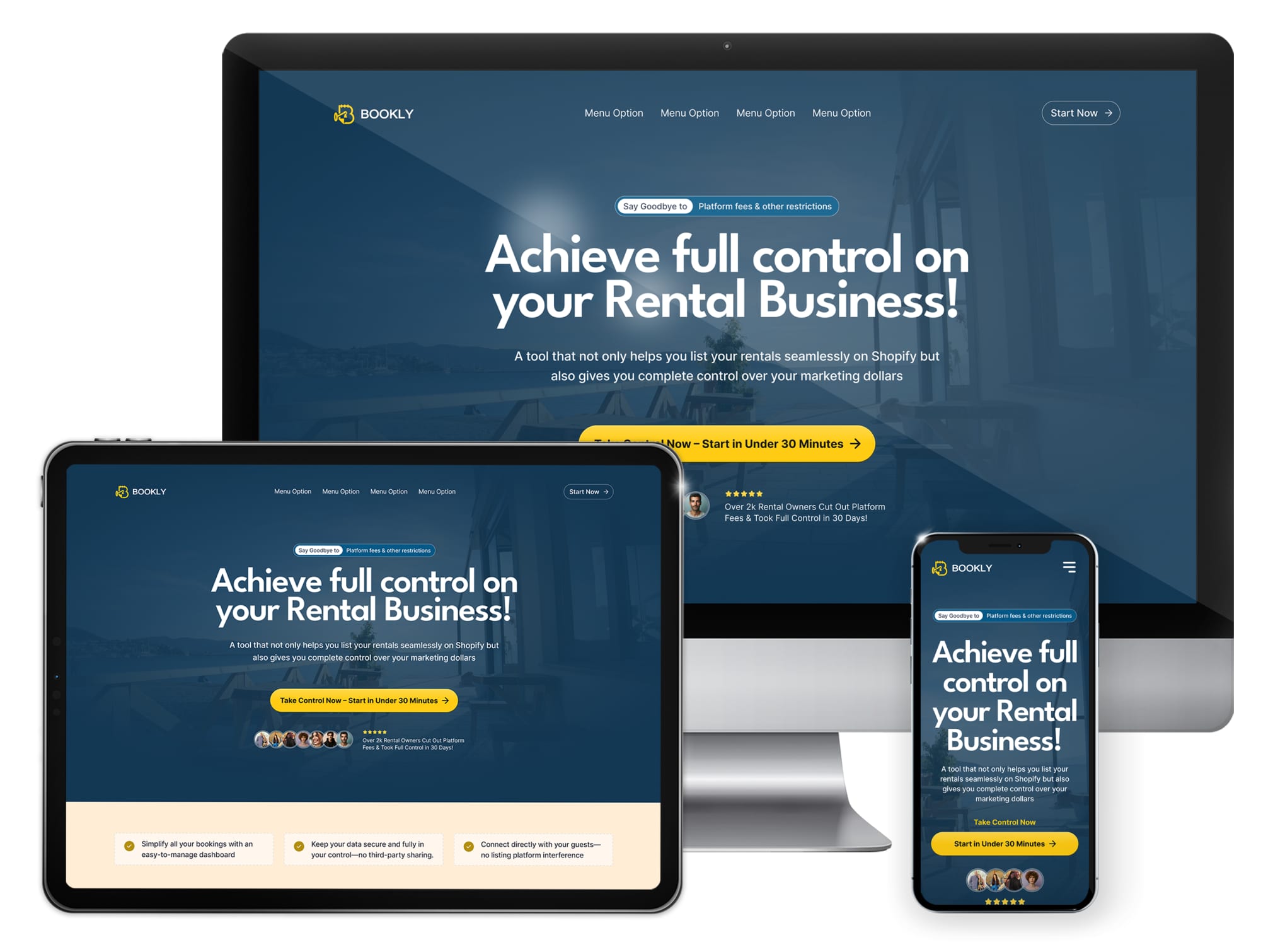 Bookly landing page on desktop, tablet and mobile