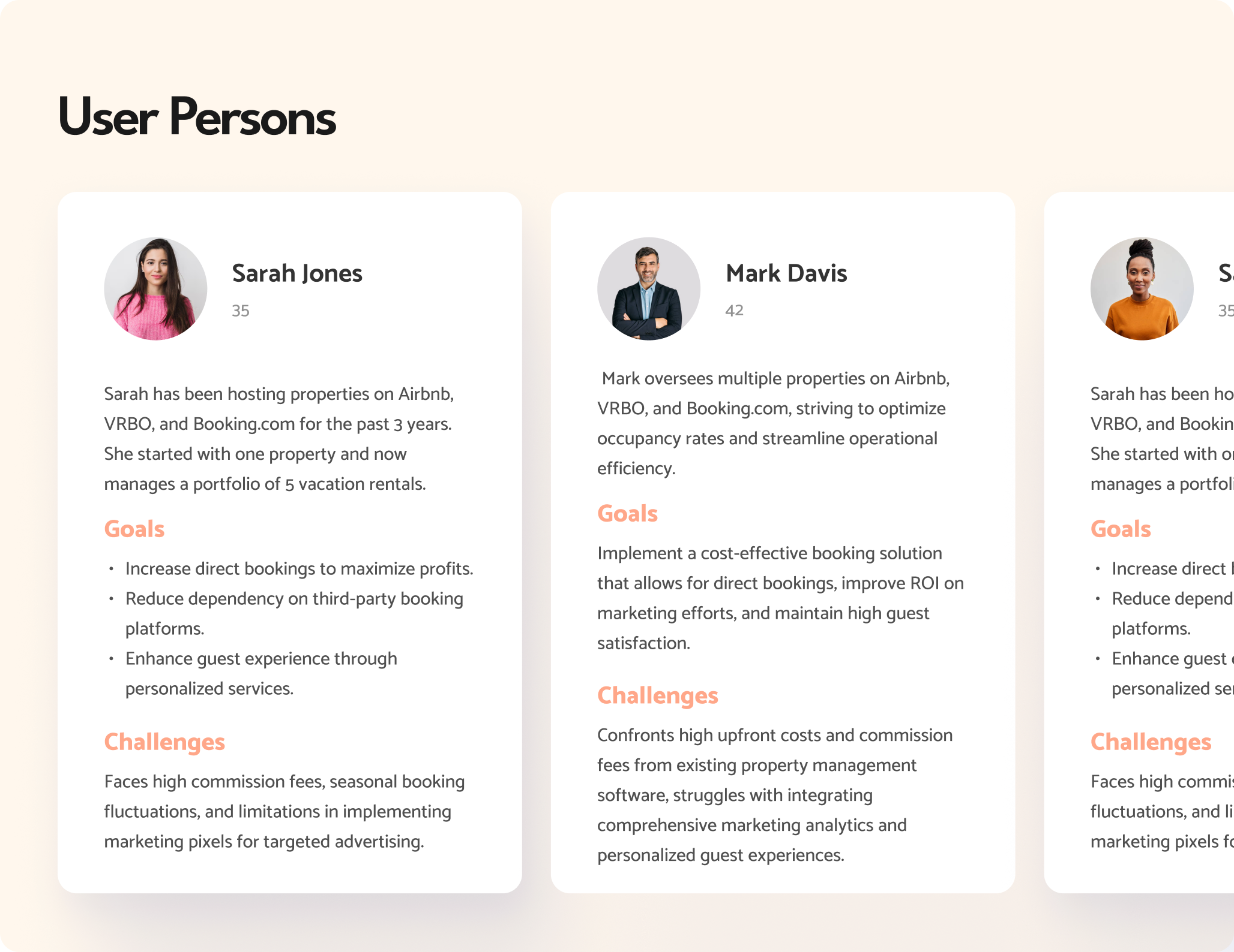 Bookly user personas — Sarah Jones and Mark Davis, short-term rental hosts