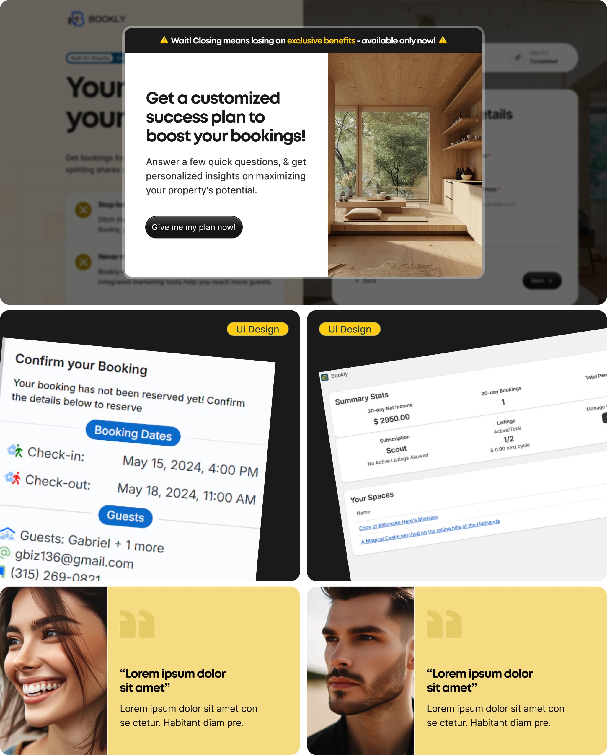 Bookly exit-intent popup, booking confirmation and host dashboard UI