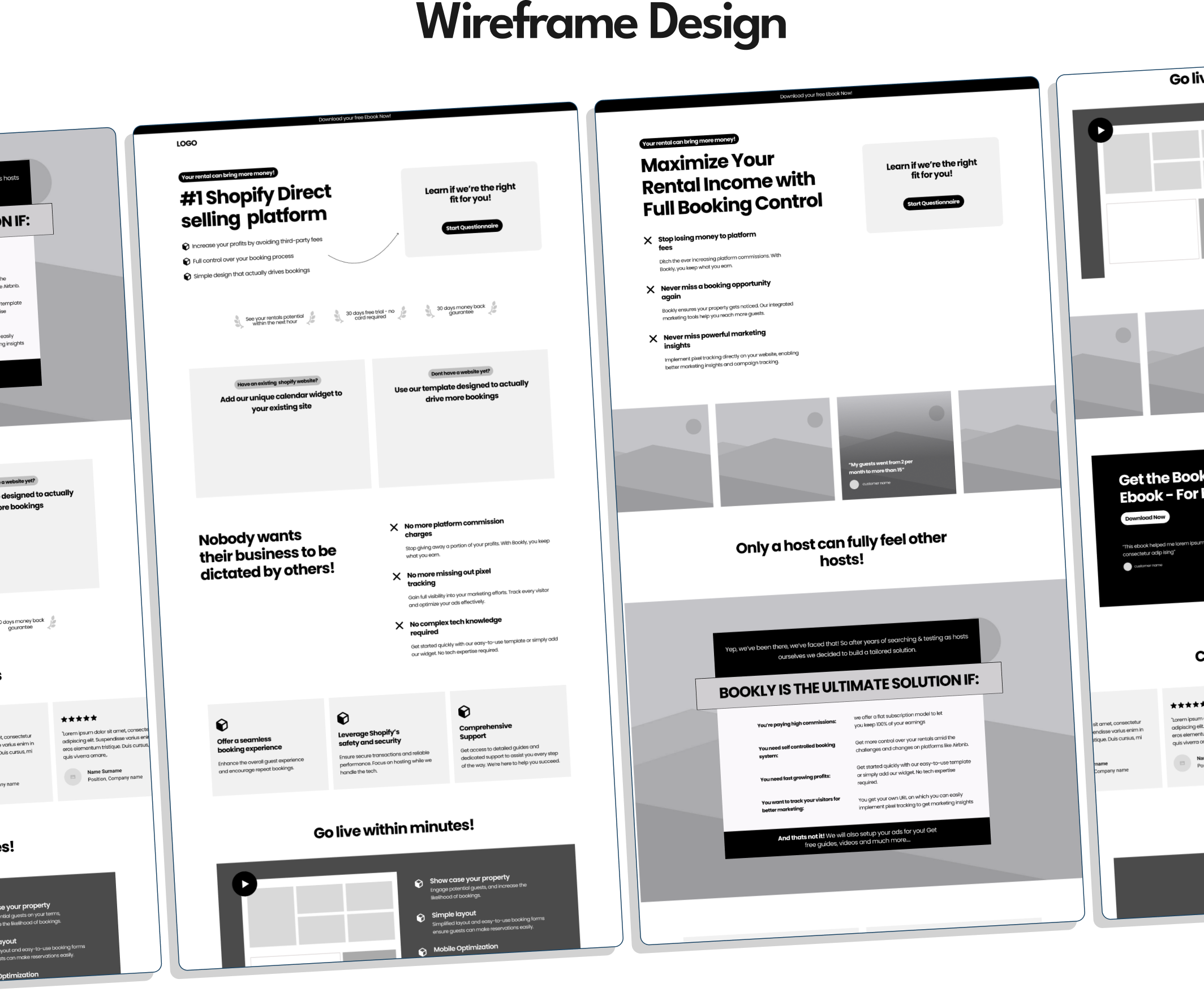 Four Bookly landing page wireframe variants