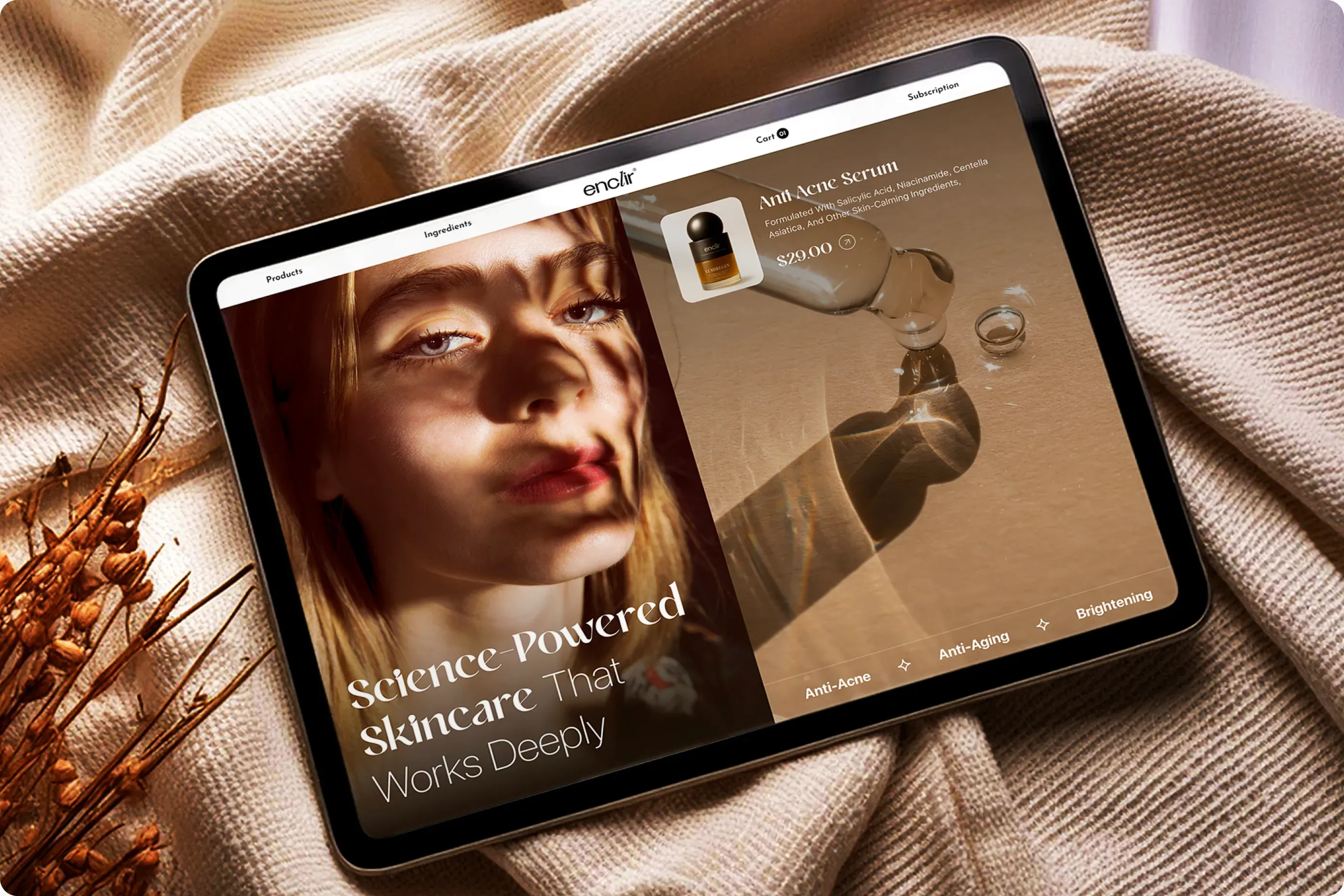 Enclir website hero on a tablet, resting on cream fabric
