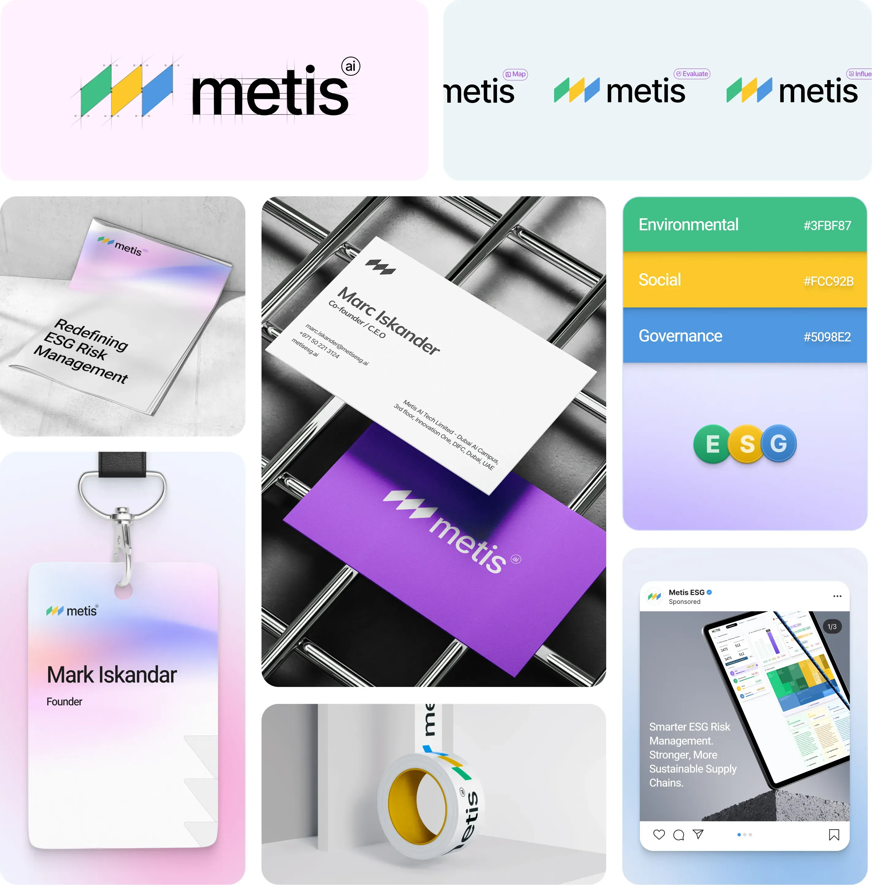 Metis brand identity bento: logo construction, ESG color system, stationery and collateral