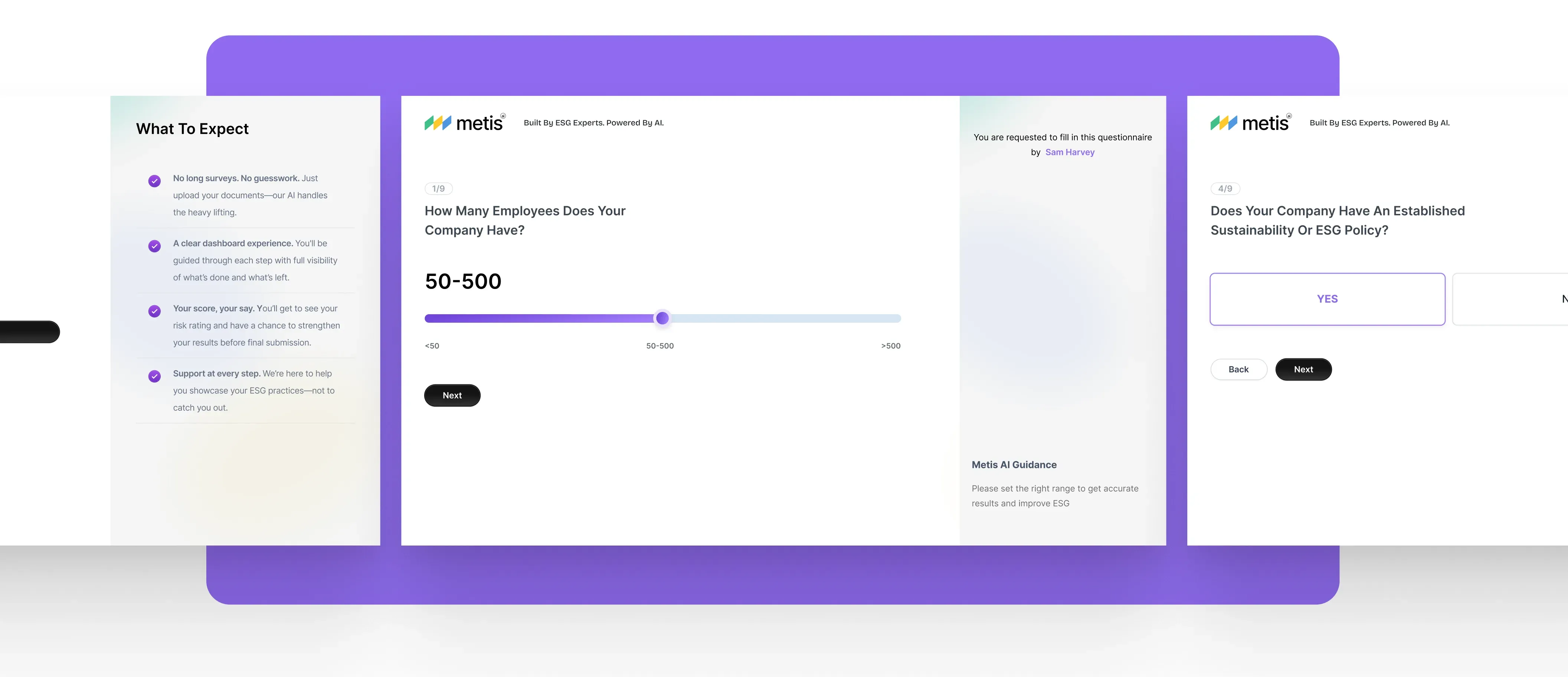 Metis onboarding flow: guided walkthrough screens